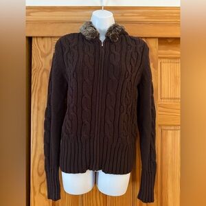 Daisy Fuentes Dark Brown Cable Knit Cardigan with Faux Fur Collar